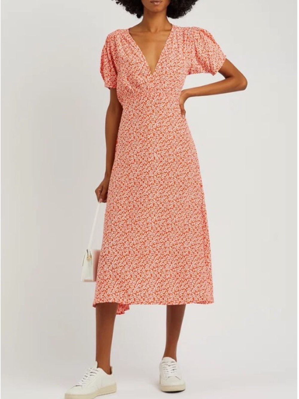 Faithfull the Brand Coral Floral Midi Dress with V-Neck and Puff Sleeves